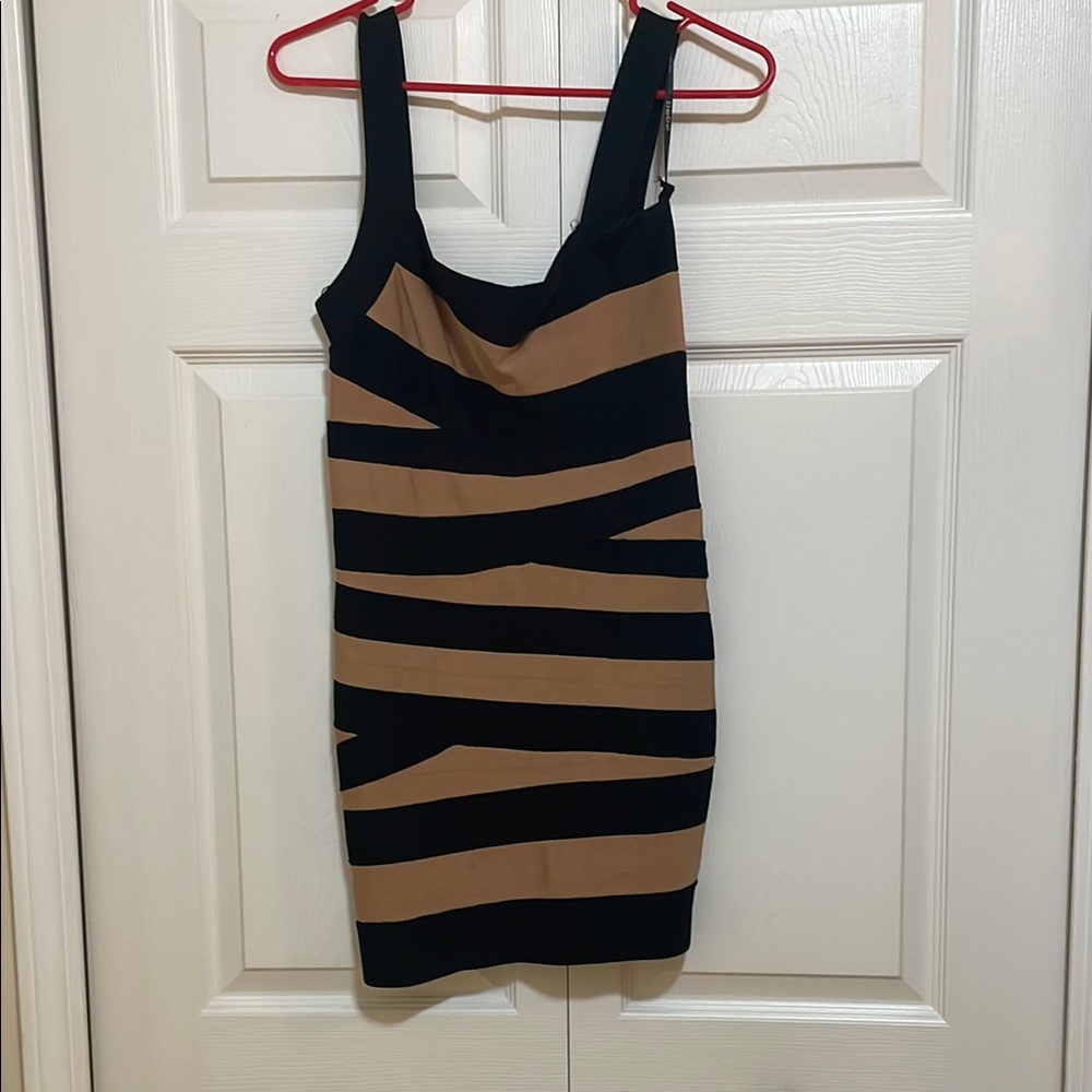 Stylish Black and Tan Striped Vintage BEBE Dress circa 2004 Size M/L